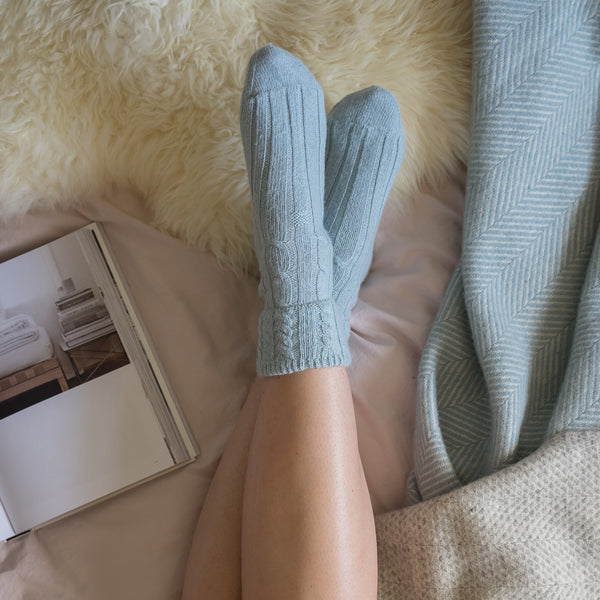 Cable Knit Alpaca Lounge/Bed Socks - Blue