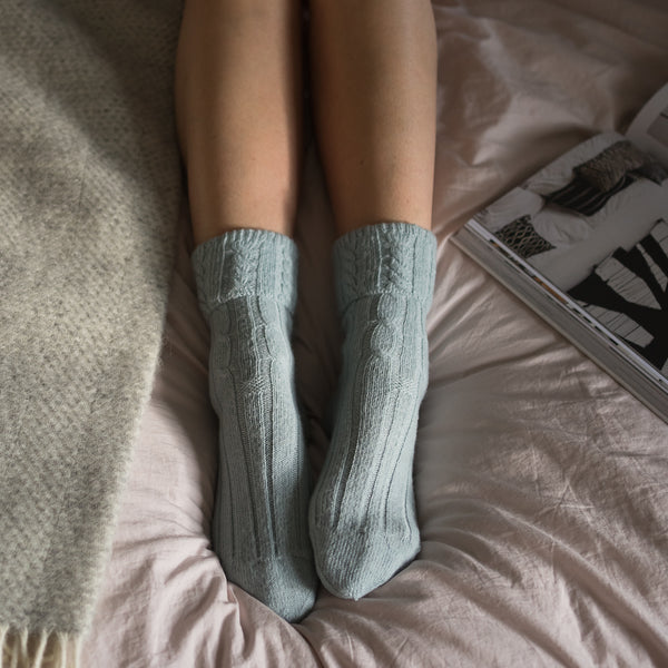 Cable Knit Alpaca Lounge/Bed Socks - Blue