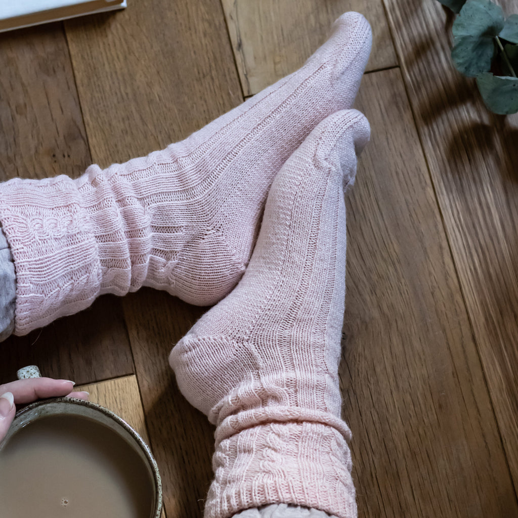 Cable Knit Alpaca Lounge/Bed Socks - Pink