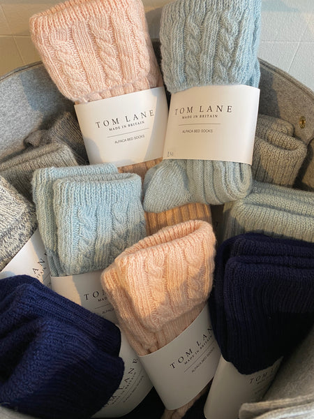 Cable Knit Alpaca Lounge/Bed Socks - Blue