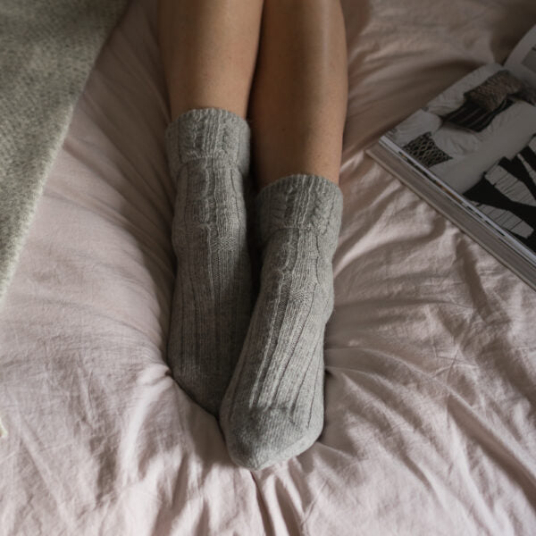 Cable Knit Alpaca Lounge/Bed Socks - Grey