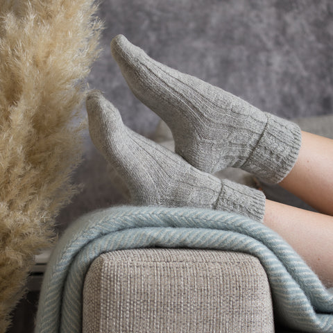 Cable Knit Alpaca Lounge/Bed Socks - Grey