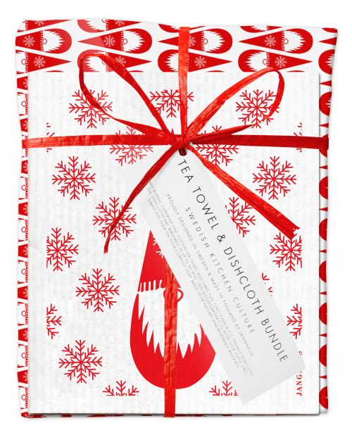 Tea towel & Dishcloth Bundle - Red Gnome (Tomte)