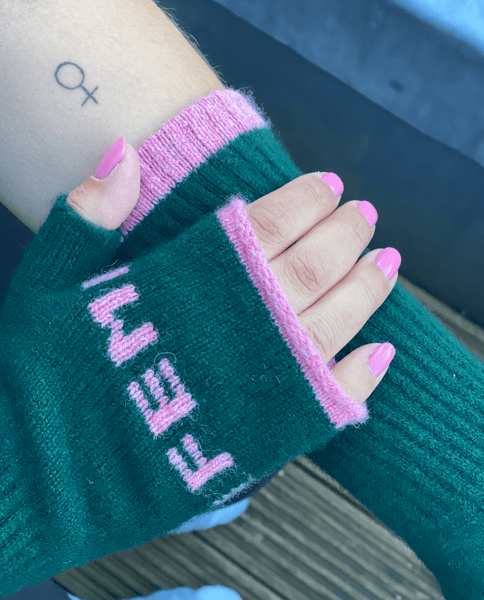 Fingerless Mittens | Feminist | Forest Green & French Rose