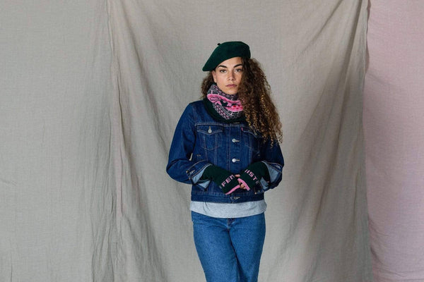 Fingerless Mittens | Feminist | Forest Green & French Rose