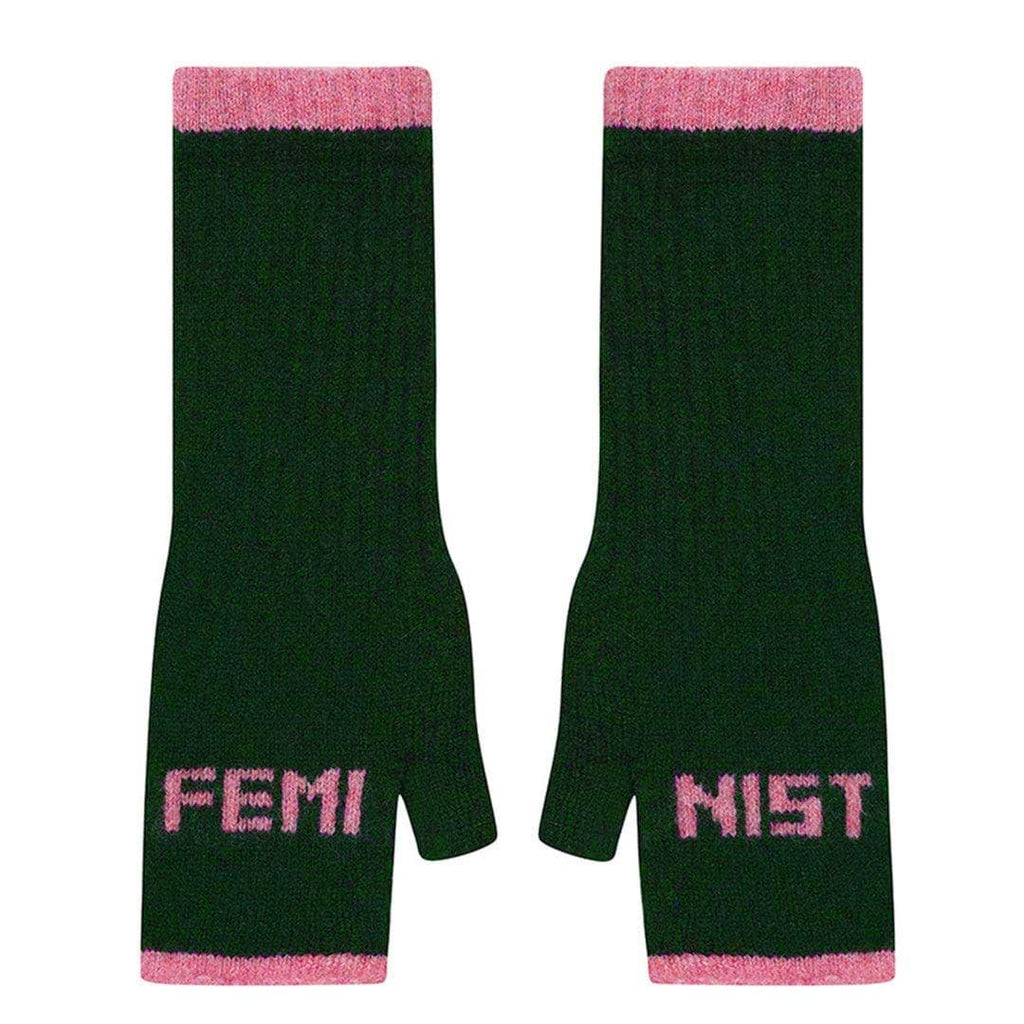 Fingerless Mittens | Feminist | Forest Green & French Rose