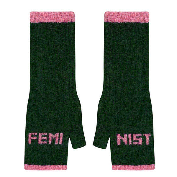 Fingerless Mittens | Feminist | Forest Green & French Rose