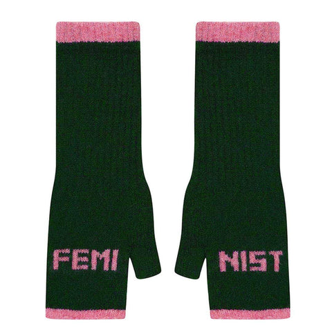 Fingerless Mittens | Feminist | Forest Green & French Rose