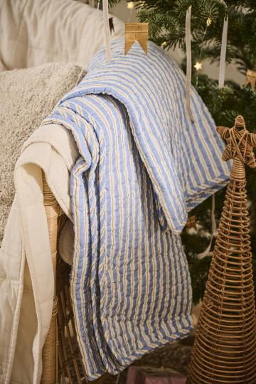 Cotton Quilt | Blue w White/Brown Stripes.