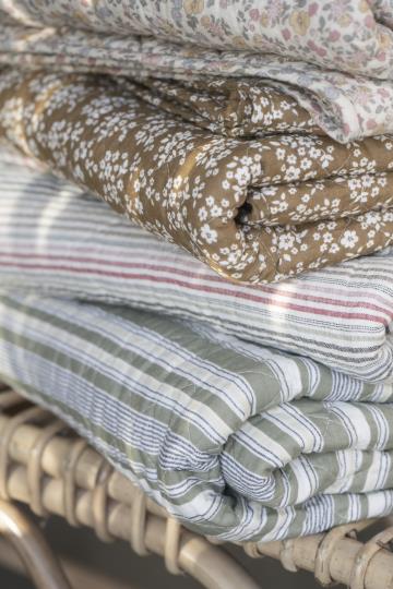 Cotton Quilt | Green/White/Beige/Grey Stripes