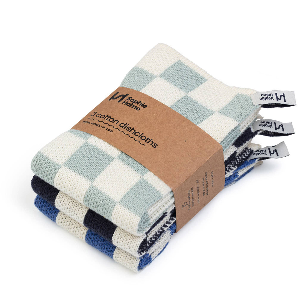 Set of 3 Reusable & Eco-Friendly Cotton Dishcloths: Check Cobalt