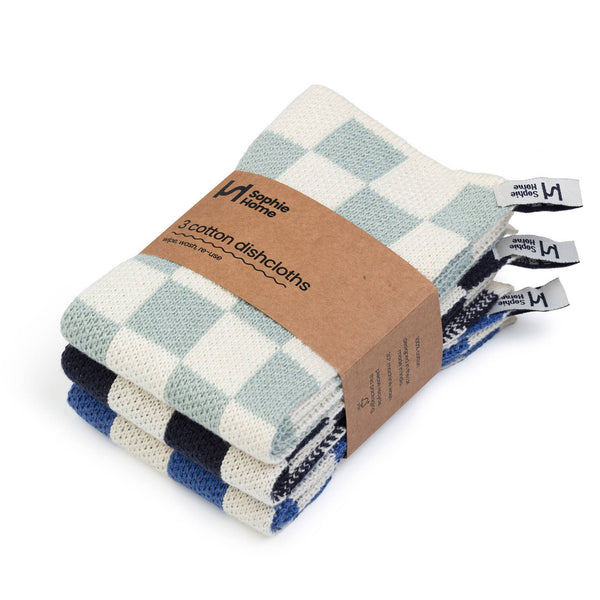 Set of 3 Reusable & Eco-Friendly Cotton Dishcloths: Check Cobalt