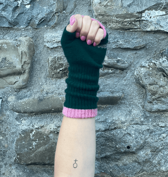 Fingerless Mittens | Feminist | Forest Green & French Rose