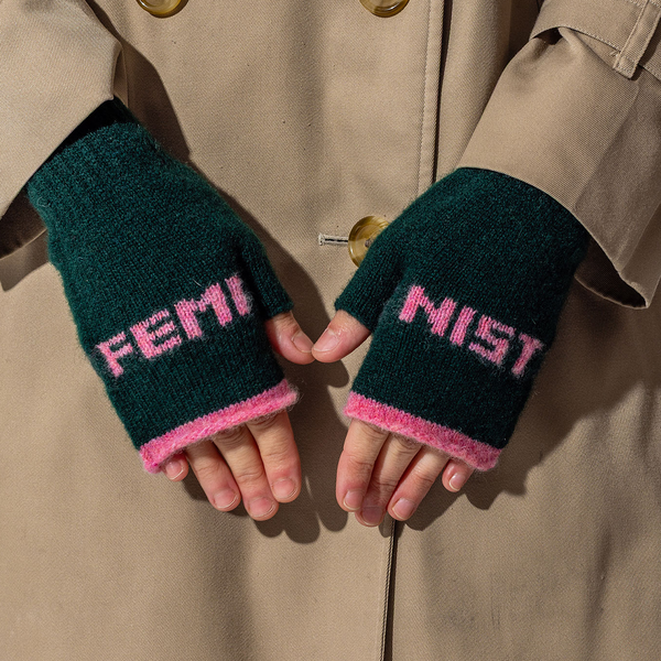 Fingerless Mittens | Feminist | Forest Green & French Rose