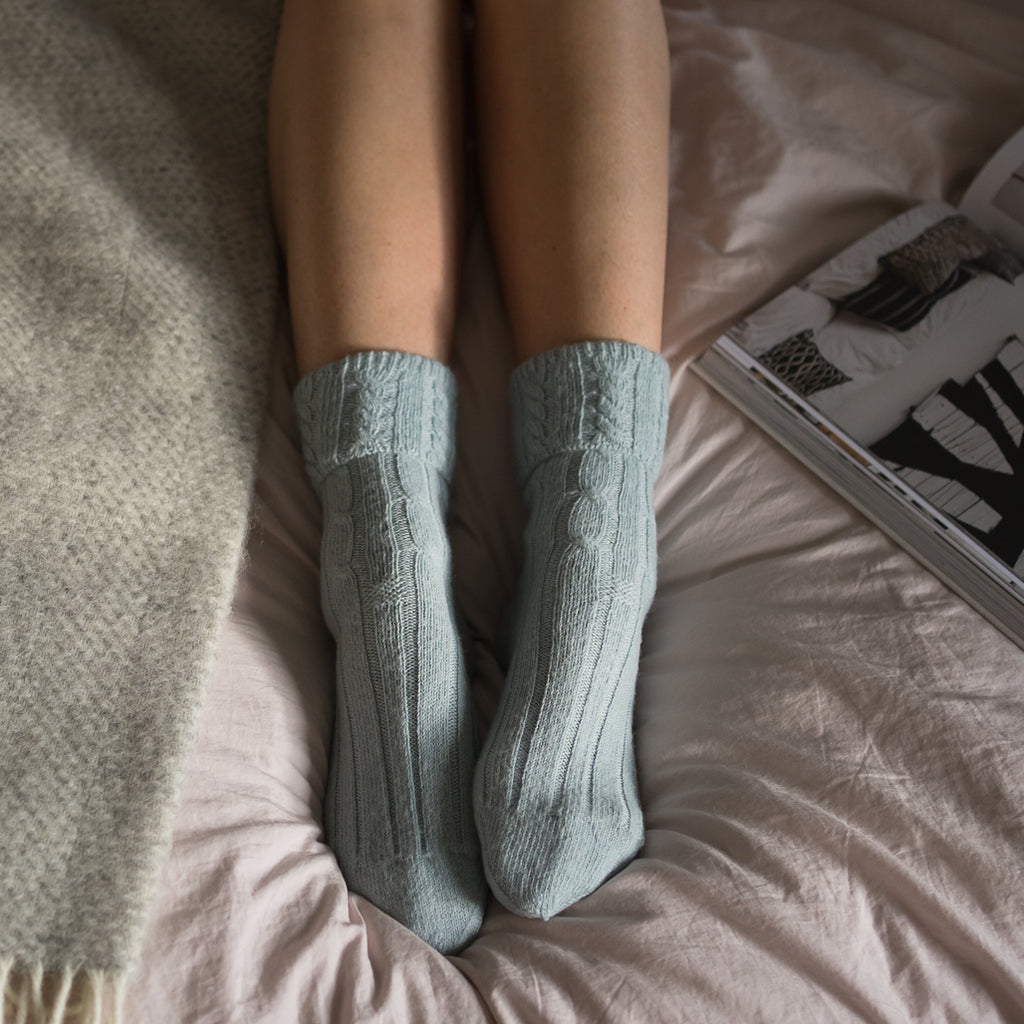 Cable Knit Alpaca Bed Socks - Blue