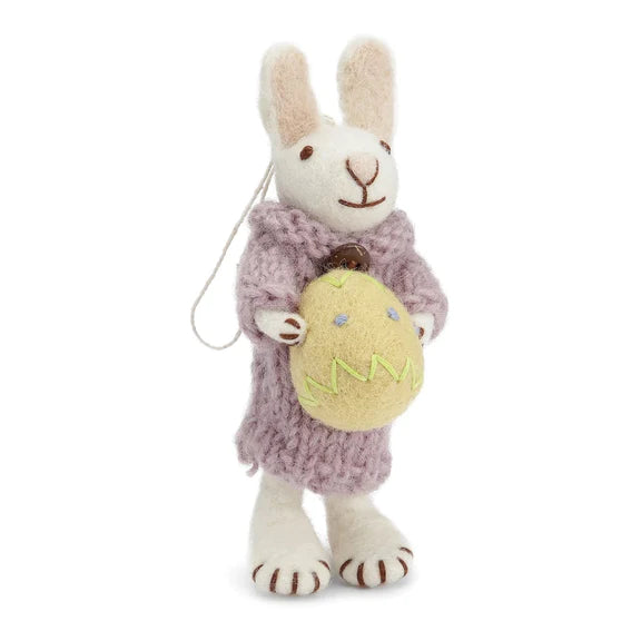 White Easter Bunny with Purple Dress and Yellow Egg